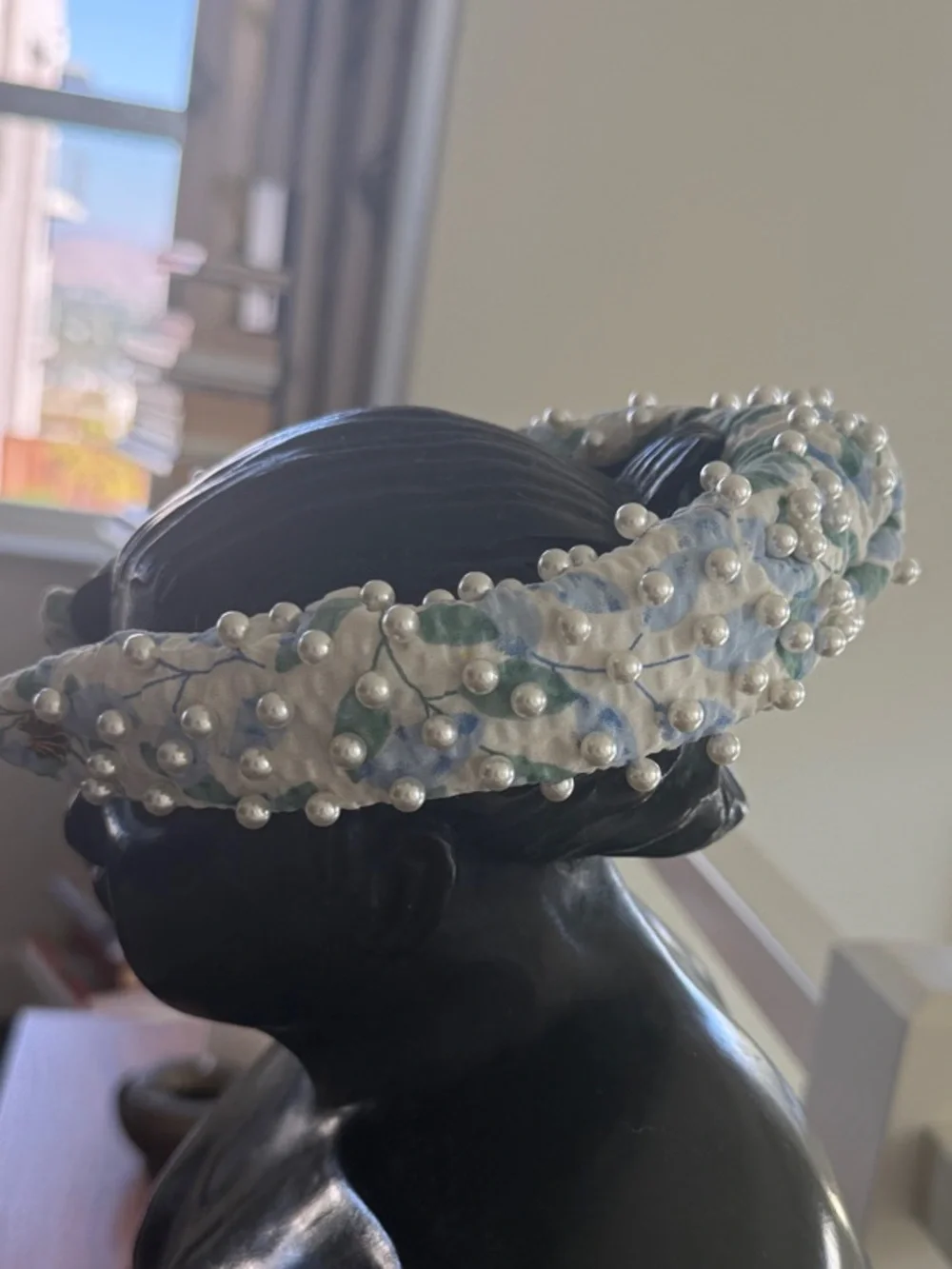 Lele Sadoughi-Embellished Floral Padded Headband - Blue & Green & White